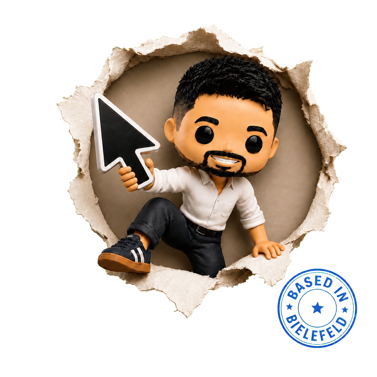 Stylized 3D figure of Dino Bandžović with Based in Bielefeld stamp